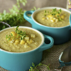 Two bowls of beer corn chowder