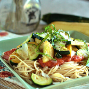 Summer vegetable pasta on a plate