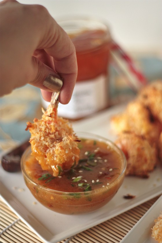 Sweet and Spicy Mirabelle Golden Plum Dip with Baked Coconut Shrimp