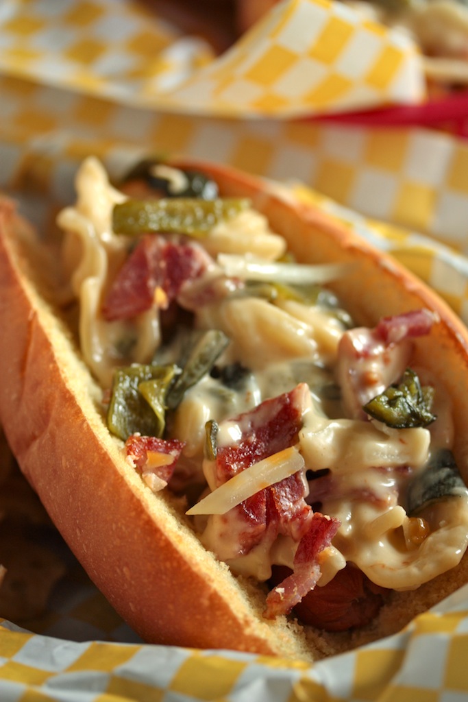 Roasted Poblano Bacon Mac and Cheese Hot Dog - homemadehome.com