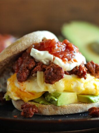 Close-up of Chorizo and Egg Breakfast Sandwich on a plate