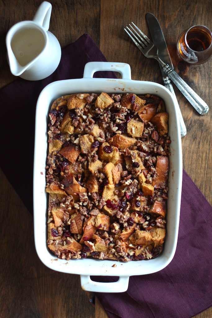 Overhead view of cranberry bread pudding in baking dish