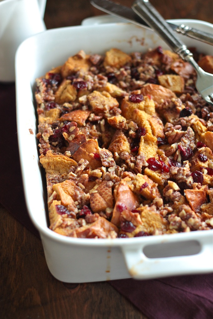 Cranberry Bread Pudding in large white casserole dish