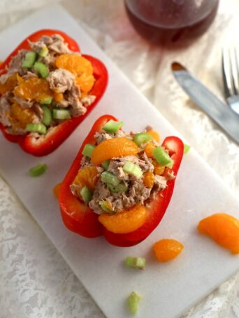 Overhead view of sweet and tangy tuna stuffed peppers