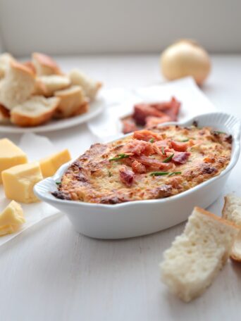 Smoked Salmon Dip with Caramelized Onion in a baking dish