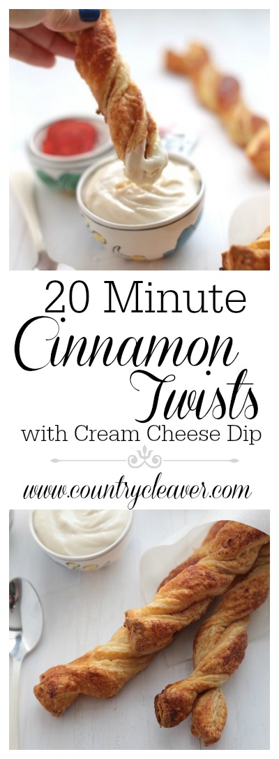 20 Minute Flaky Cinnamon Twists with Cream Cheese Dip