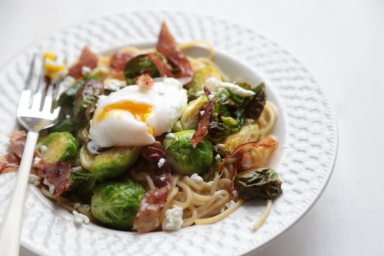 Roasted Brussels Sprouts and Proscuitto Goat Cheese Pasta - homemadehome.com