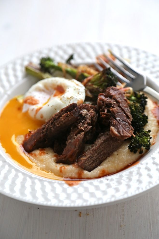 Cheesy Polenta with Steak and Poached Eggs on a plate