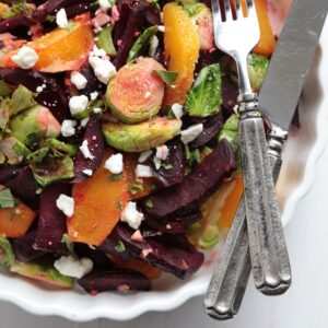 Overhead view of Roasted Beet and Brussels Sprouts Citrus Salad