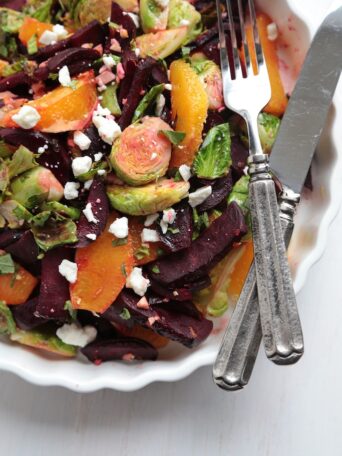 Overhead view of Roasted Beet and Brussels Sprouts Citrus Salad
