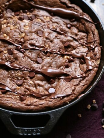 Overhead view of Double Chocolate Toffee Nutella Skillet Brownie