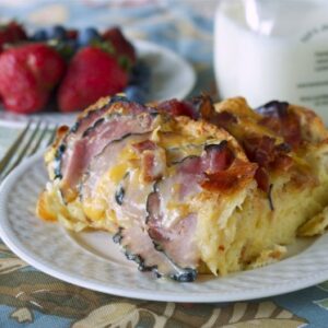 A serving of ham and cheese breakfast bake on a plate