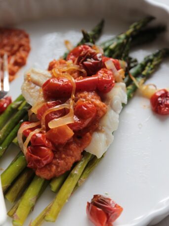 30 Minute Roast Asparagus and Cod with Rustic Tomato Sauce