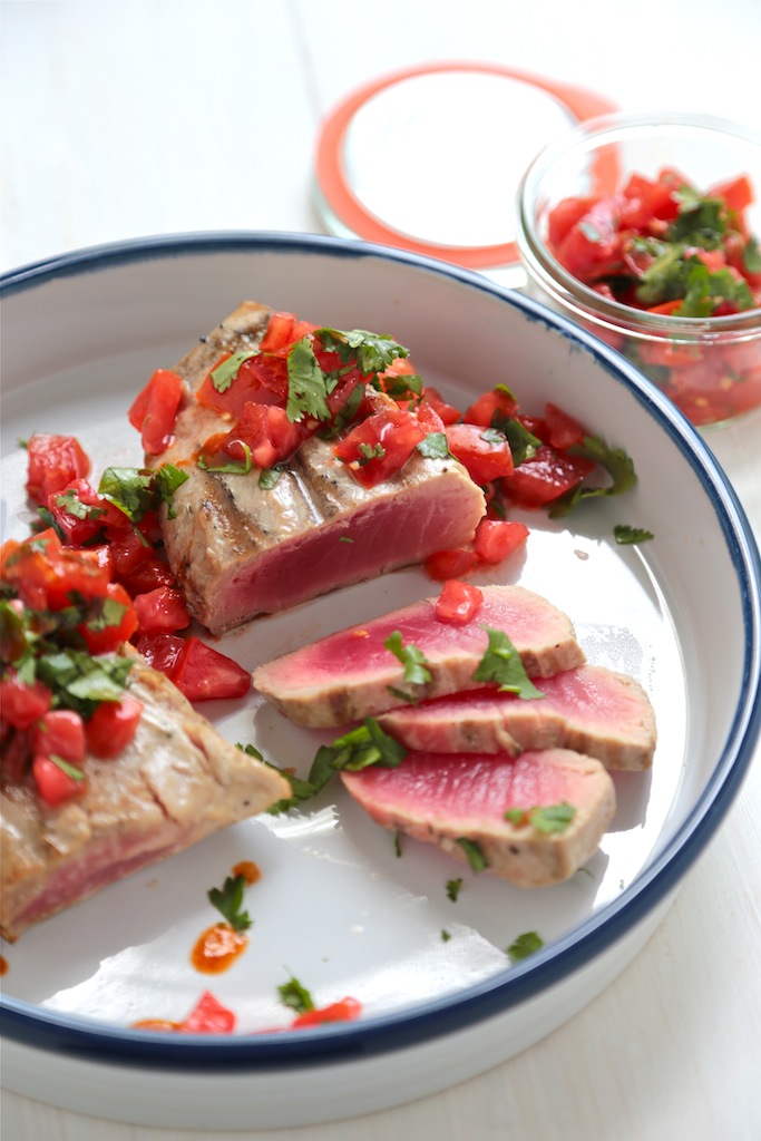 Grilled Tuna Steaks with Tomato Tobasco Salsa on a plate