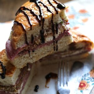 Pressed Italian Focaccia Sandwich wedges drizzled with balsamic