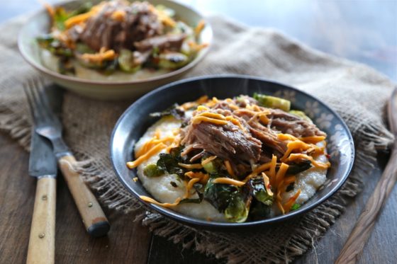 Pulled Pork with Chipotle Cheese Grits and Roasted Vegetables - homemadehome.com