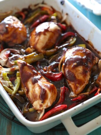 Teriyaki Chicken and Peppers in a baking dish
