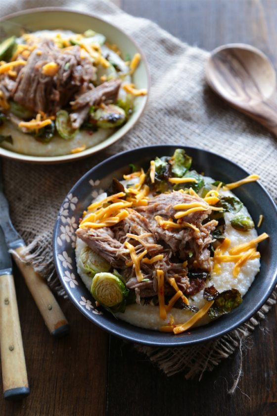 Pulled Pork with Chipotle Cheese Grits and Roasted Vegetables - homemadehome.com