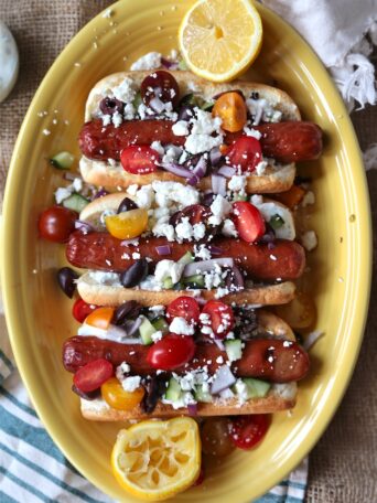 Greek Hot Dog - homemadehome.com with homemade tsaziki sauce!