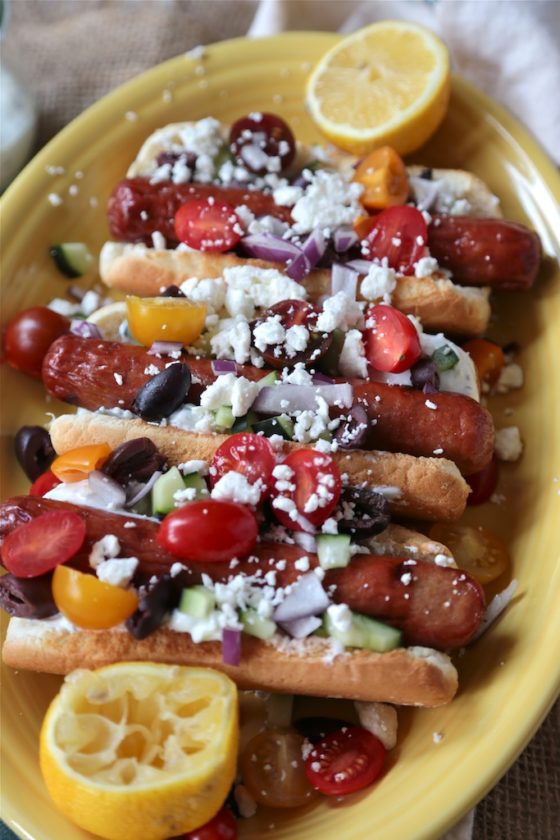 Greek Hot Dog - homemadehome.com with homemade tsaziki sauce!