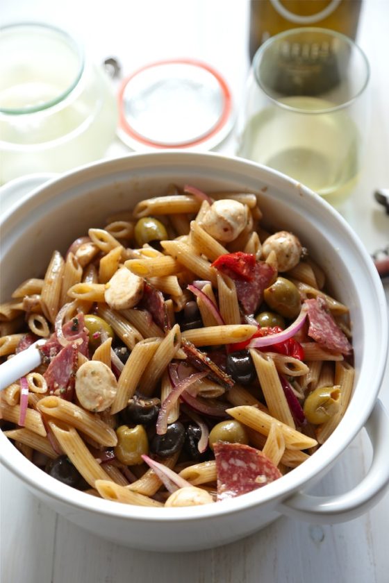 Antipasto Pasta Salad - homemadehome.com :: The perfect picnic salad with herbed salami, fresh mozzarella, red onion, and feta cheese! Don't forget the shallot balsamic vinaigrette! All made in one bowl. 