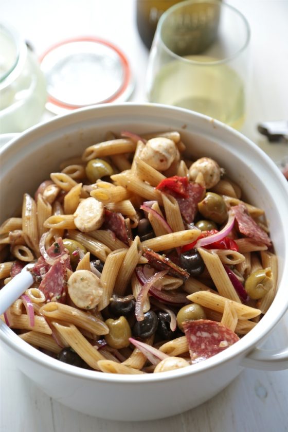 Antipasto Pasta Salad - homemadehome.com :: The perfect picnic salad with herbed salami, fresh mozzarella, red onion, and feta cheese! Don't forget the shallot balsamic vinaigrette! All made in one bowl. 