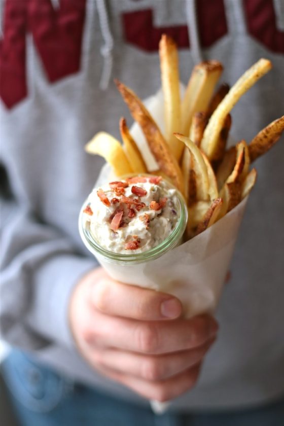 Homemade Oven Fries with Bacon and Blue Cheese Whipped Dip - homemadehome.com
