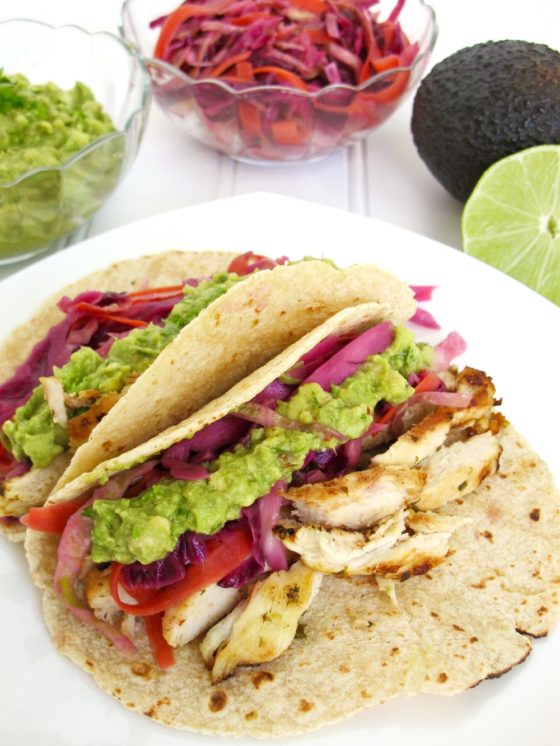 Chicken Tacos with Spicy Cabbage Slaw and Guacamole--homemadehome.com