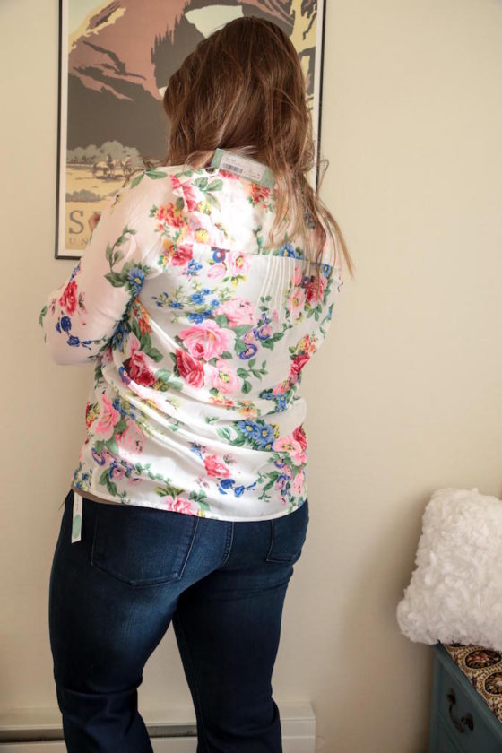 StitchFix Friday - Spring Edition Alice Blue Lucio Henley Blouse and Kut from the Kloth Simmons Bootcut Jeans