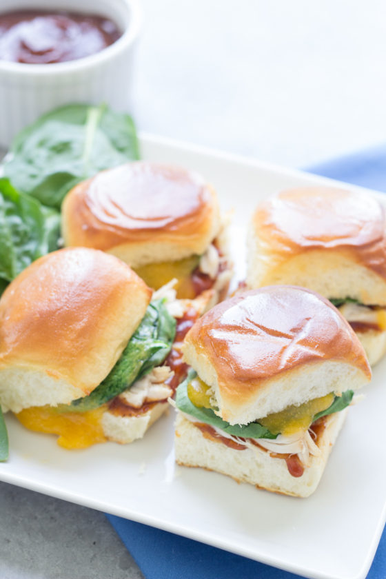 BBQ Chicken Sliders with Cheddar and Spinach--homemadehome.com