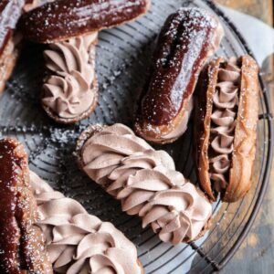 Overhead view of Triple Chocolate Eclairs on a plate