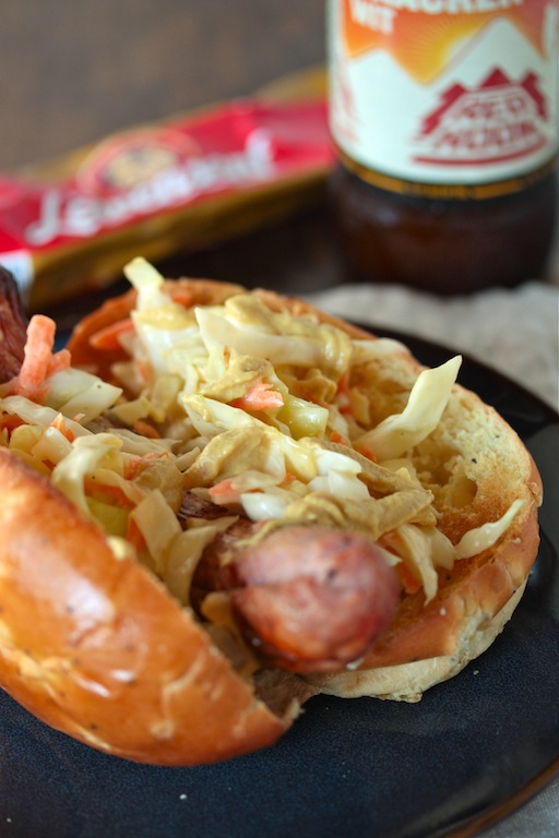 Bock and Coleslaw Hot Dog - Mustard Coleslaw and a traditional Bockwurst Hot Dog  homemadehome.com