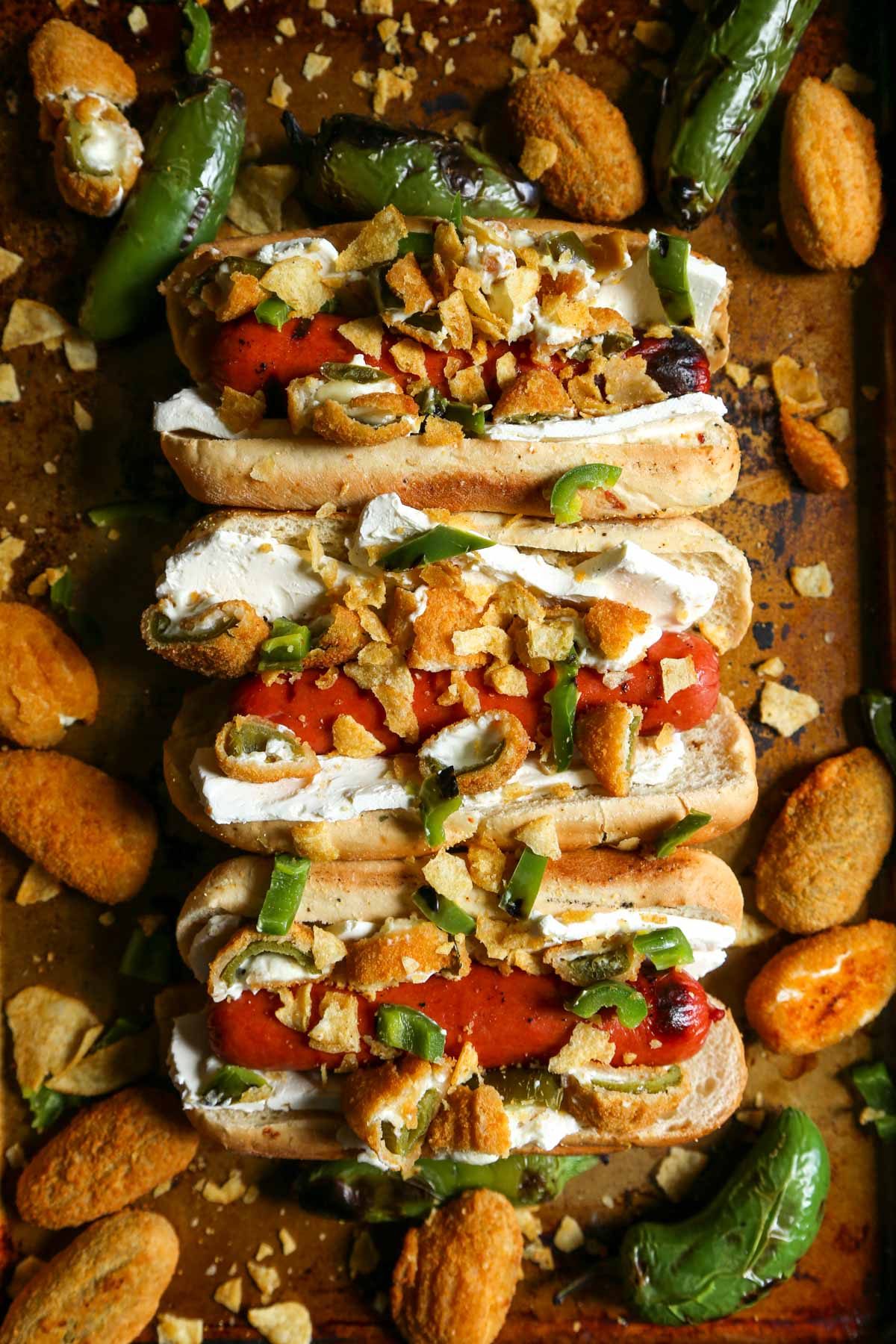 Jalapeno Popper Hot Dogs - Spicy and Creamy and Crunchy with Jalapeno Kettle Chips on top! Happy holiday grilling! 