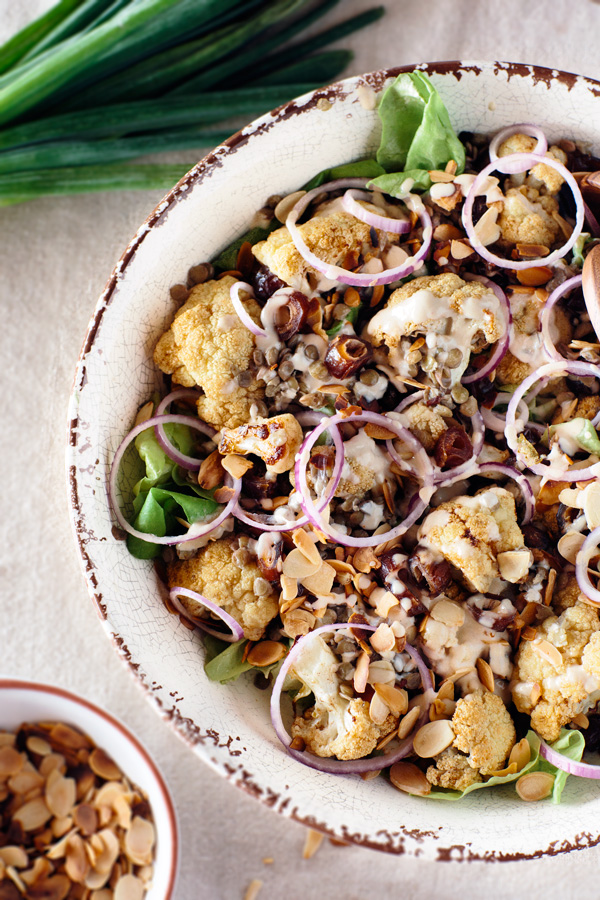 Roasted Cauliflower Salad with Lentils, Dates, Onions, and Tahin