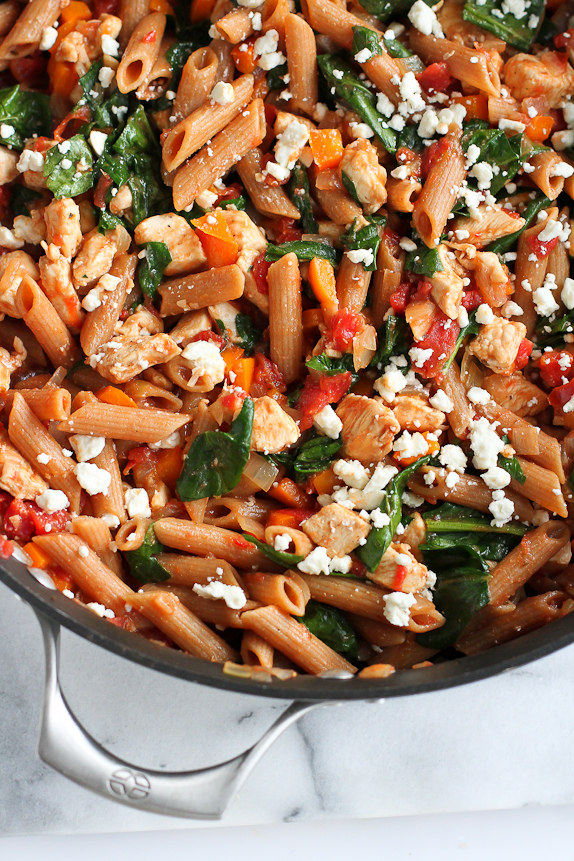 cookincanuck One Pot Whole Wheat Pasta with Chicken and Spinach 50 One Skillet Dinners