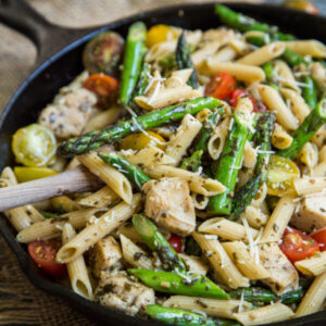 Pesto Chicken Pasta Skillet with Asparagus and Tomatoes