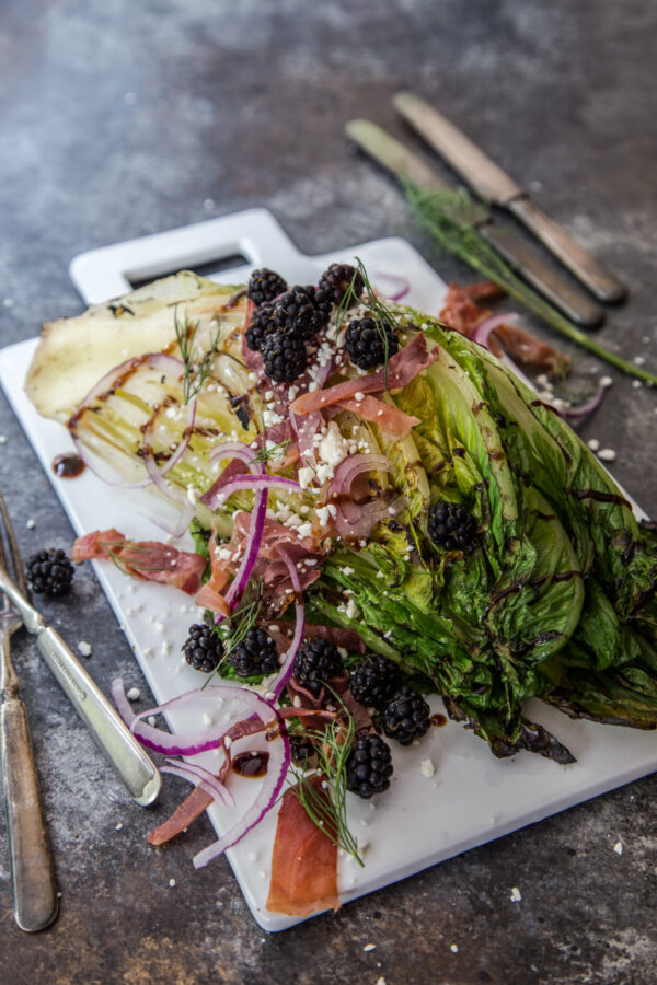 Grilled Romaine with Blackberries and Prosciutto