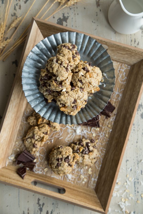 World's BEST Lactation Cookies - with Dark Chocolate and Coconut overhead shot of cookies on a galvanized metal cake plate