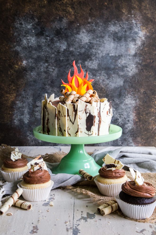 Campfire Cake - With Birch Bark and Firewood with Vanilla Cupcakes and Chocolate Frosting