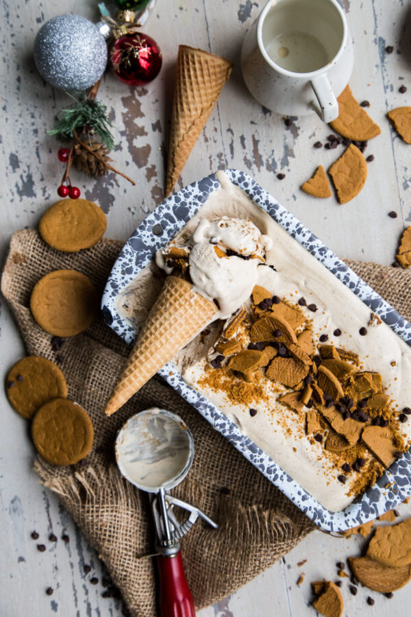 Gingerbread Chocolate Chip No Churn Ice Cream in a cone