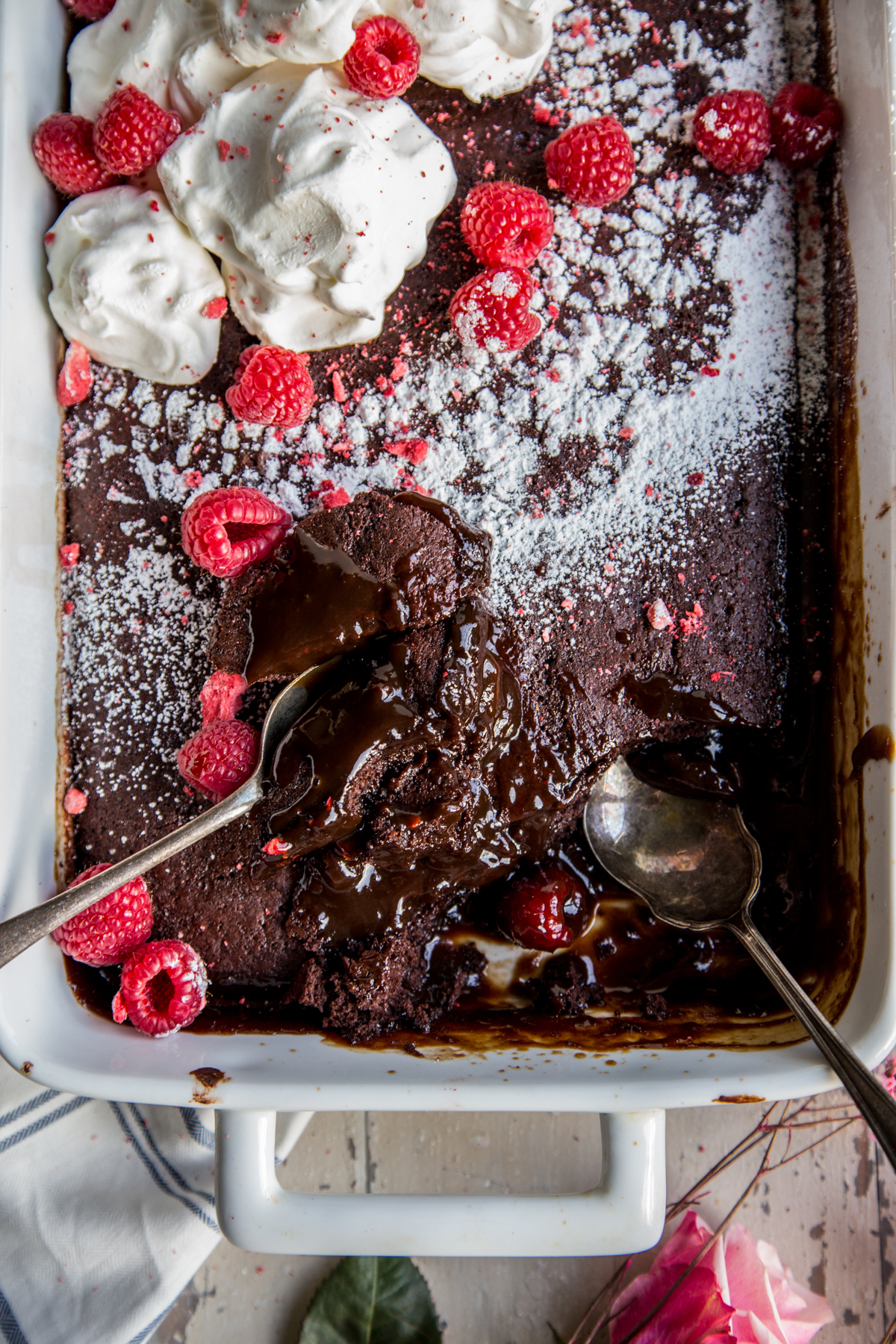 Chocolate Raspberry Espresso Pudding Cake closeup and two spoons