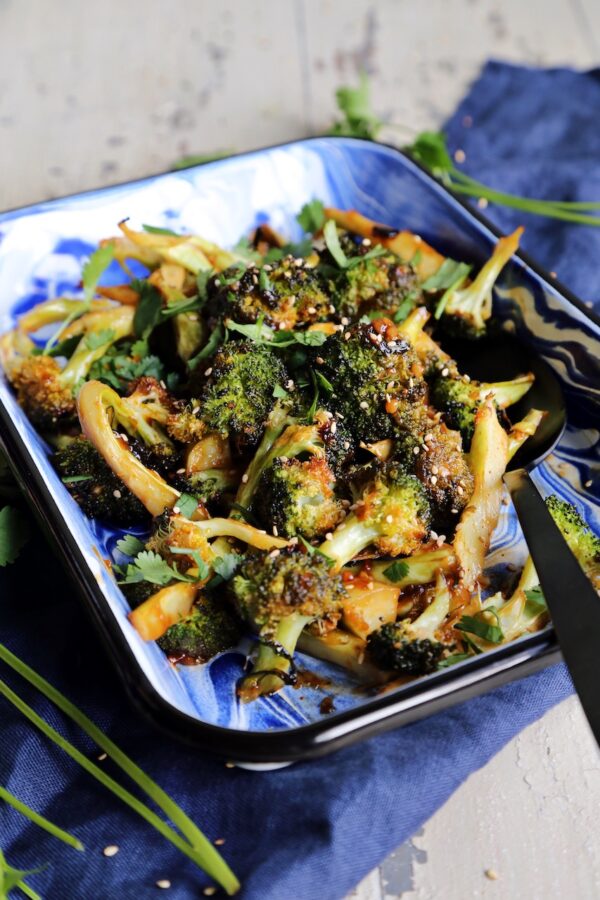 Szechuan Roasted Broccoli on blue napkin