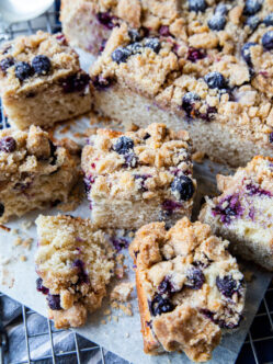 sliced squares of sourdough bluberry coffee cake on a wire rack