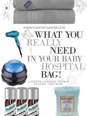 Selection of items for a hospital baby bag on a white background