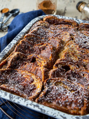 A baking sheet with baked apple french toast
