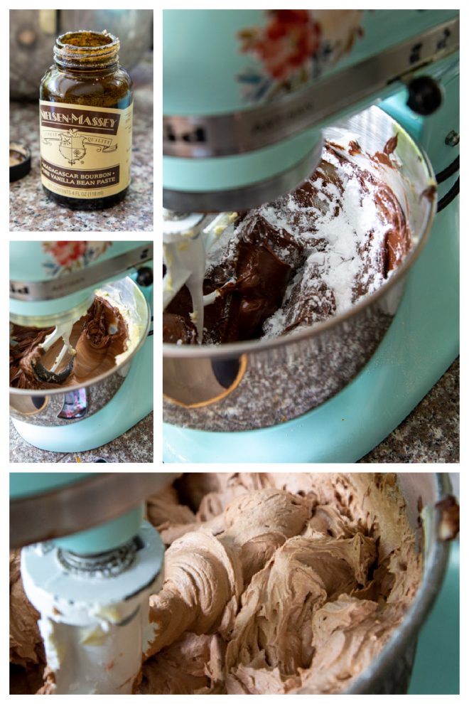 steps of making chocolate buttercream frosting from start to finish