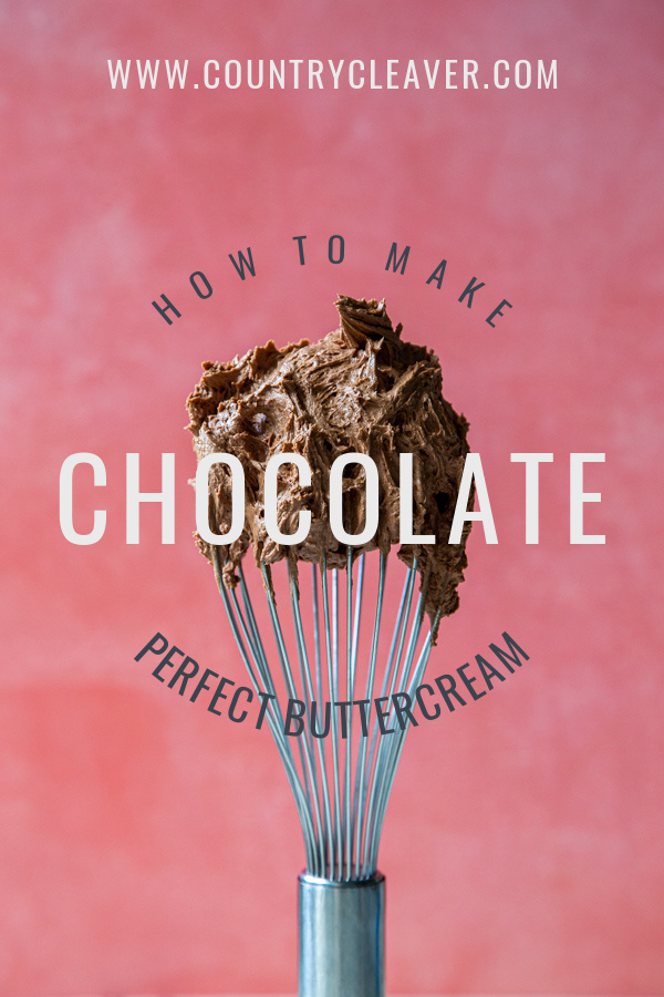 How to make chocolate buttercream tutorial, with a whisk of chocolate butter cream on a pink background