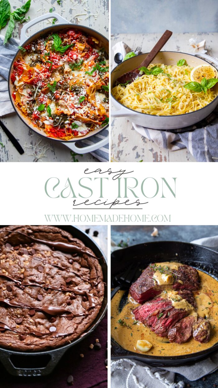 easy cast iron recipes collage with four recipes in white cast iron and black cast iron pans on white backgrounds