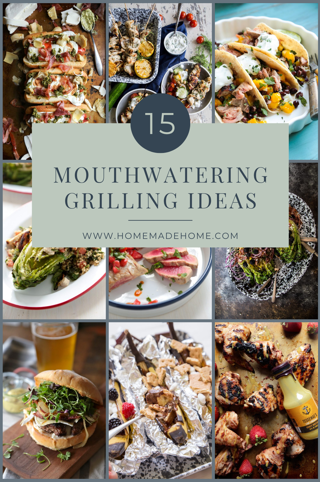A collage of grilled recipes with the text 15 mouthwater grilling ideas!