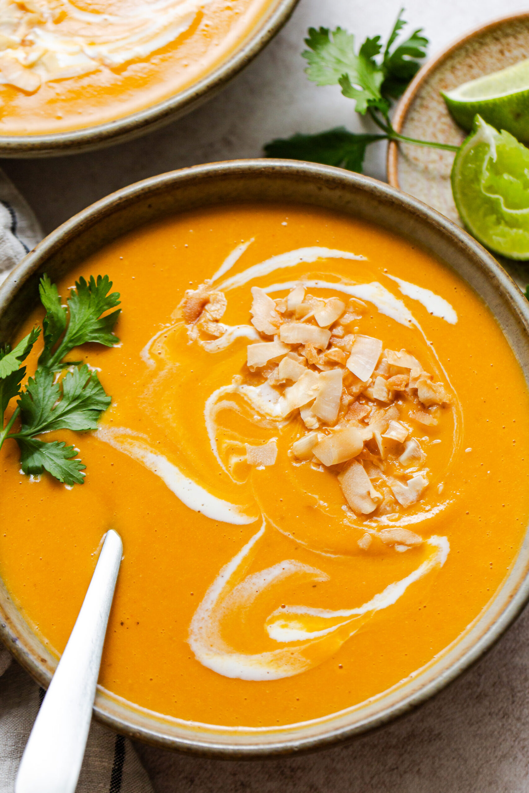 Bowl of butternut squash soup with toasted coconut on top and a swirl of cream to contrast. In an earthenware bowl with a spoon in the soup.
